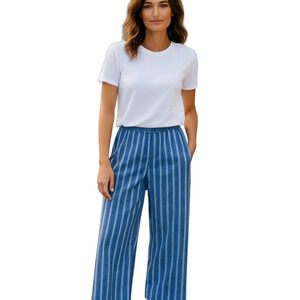 Old Navy Linen Blend Pants Wmn's Sz L Blue Stripe Wide Leg Elastic waist Pockets